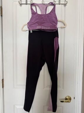Peloton Black Leggings with Purple Panels & Purple Sports Bra